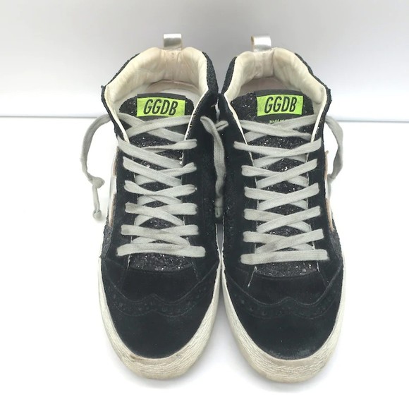 Golden Goose Mid Star Glitter Wing Tip Sneakers Black with Silver Star Size 38 - Picture 3 of 11